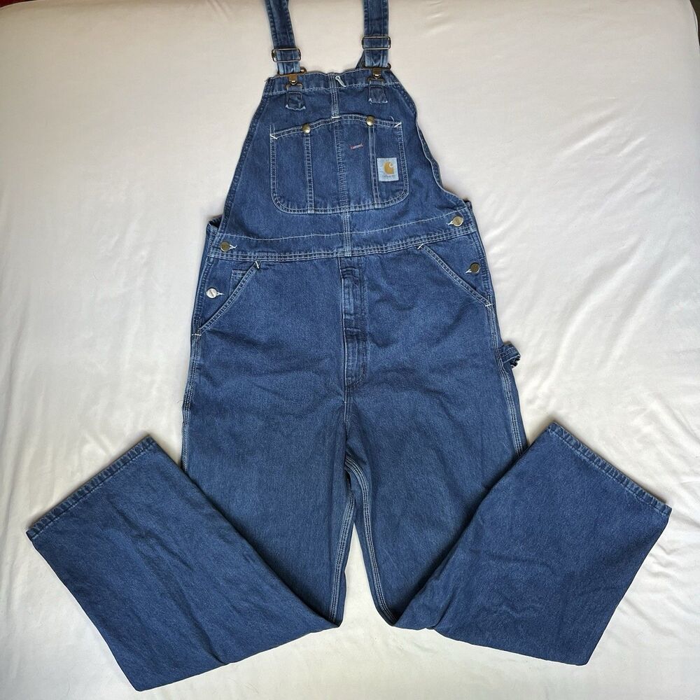 Carhartt R07 DST Denim Bib Overalls Mens 36x30 Blue Workwear Carpenter Dungarees